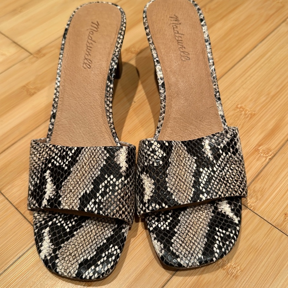Madewell snakeskin open toe heeled slides